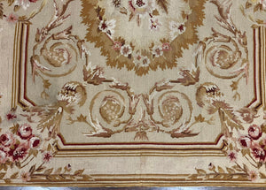 Aubusson Needlepoint Rug 4x5 ft, Beige and Tan, Aubusson Savonnerie Vintage Carpet, Handwoven Handmade Wool Rug, European Design Floral Rose