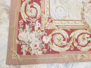 Aubusson Rug 6x9, Elegant Flatweave Rug, Aubusson Savonnerie 6 x 9 Flatweave Area Rug, Cream and Red, Wool Hand Woven Carpet, Medium Size