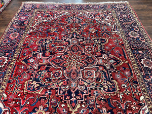 Persian Heriz Rug 8x12, Vintage Geometric Medallion Carpet, Semi Antique Wool Handmade Room Sized Oriental Rug 8 x 12, Red Dark Blue Ivory
