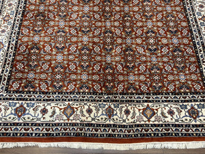 Indo Bidjar Rug 8x10, Indo Persian Bijar Carpet 8 x 10 ft, Herati Allover Floral, Red and Ivory, Wool Hand Knotted Vintage Oriental Rug Nice