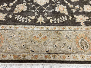Indo Persian Rug 9x12, Sultanabad Indian Carpet, Dark Brown, Hand Knotted Vintage Wool Rug
