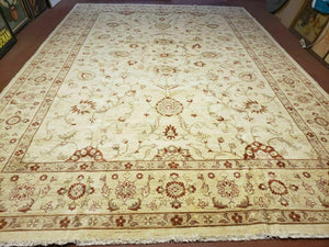 Oushak Rug 10x14 Neutral Colors Handmade Peshawar Wool Carpet Oatmeal Beige