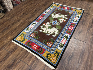 Chinese Peking Rug 3x5 with Animal Pictorial, Brown Ivory Gold Red, Handmade Vintage Chinese Carpet, Art Deco Rug, Unique Asian Oriental Rug