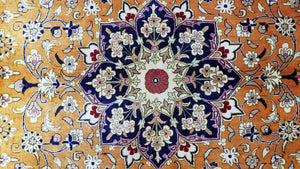 Vintage Persian Qum Silk Rug 4.6 x 6.7, Burnt Orange and Navy Blue, Antique Oriental Very Fine Signature Master Weaver 350+ KPSI Ghom Qom 5x7 Rug