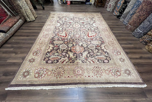 Vintage Indian Rug 9x12, Sultanabad Area Rug 9 x 12, Wool Hand Knotted Living Room Oriental Carpet, Eggplant and Khaki Color, Teawashed Rug