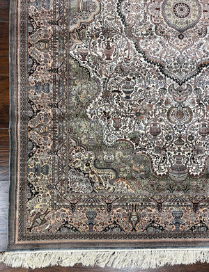 Very Fine Sino Persian Silk Rug 4x6, Floral Medallion, Hand Knotted, Silk Pile on Silk Foundation, Ivory, Vintage Handmade Oriental Carpet