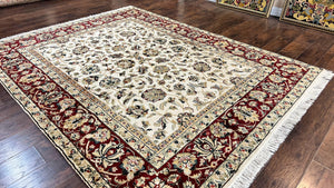 Indo Persian Rug 8x10, Wool Hand Knotted Vintage Carpet, Ivory Maroon, 8 x 10 Traditional Oriental Rug, Floral Allover Rug