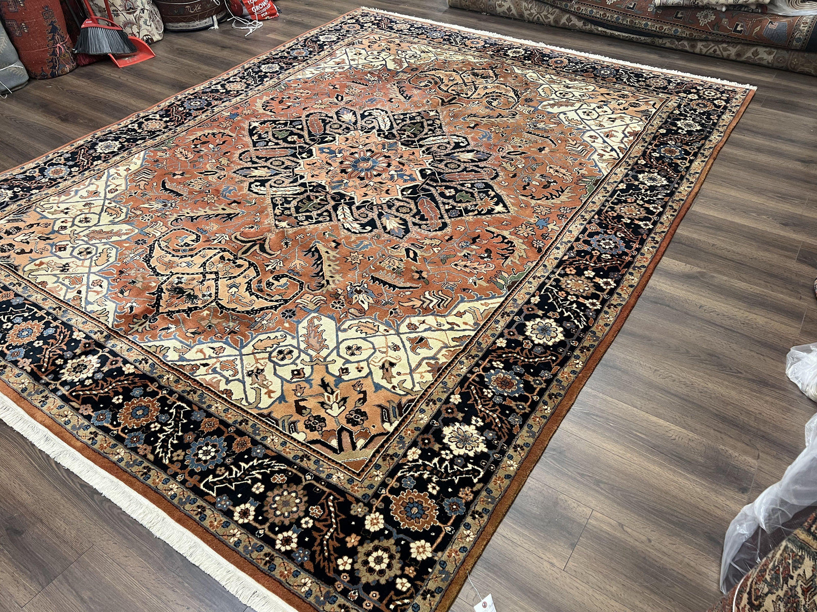 Indo Persian Heriz Rug 9x12, Geometric Medallion, Vintage Oriental Carpet, Handmade Room Sized Wool Heriz Serapi Rug, Red Navy Blue Cream