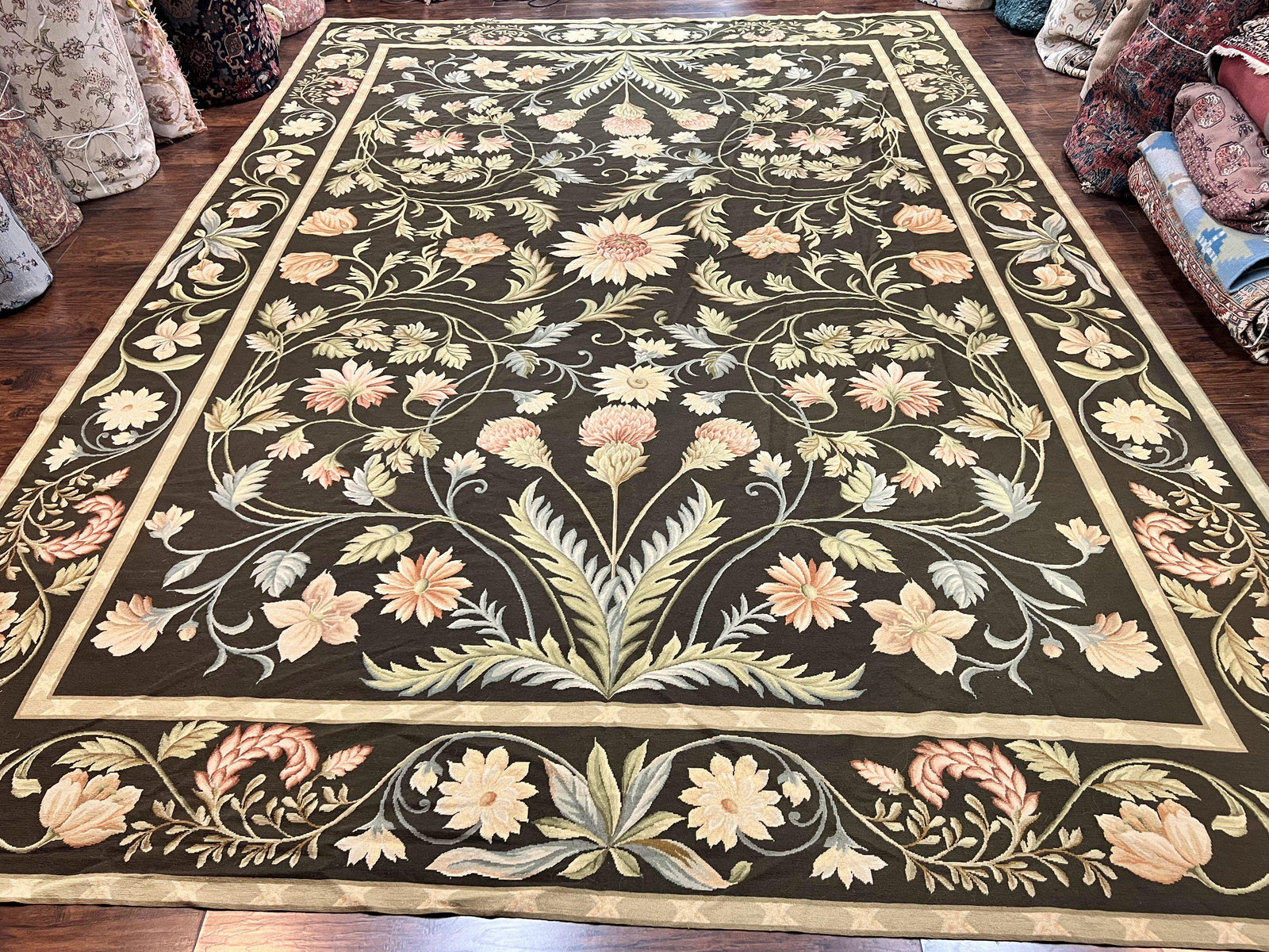 Large Needlepoint Rug 11x16, Dark Green Floral Elegant European Design Vintage Wool Handmade Carpet, Palace Size Rug
