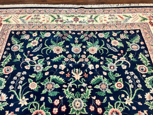 Indo Persian Rug 9x12, Wool Hand Knotted Vintage Carpet, Navy Blue & Ivory, Floral Allover Oriental Rug, 9 x 12 Room Sized Traditional Rug