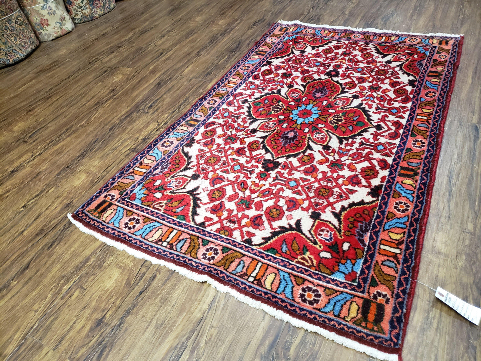 3' 2' X 5' 1" Handmade Floral Wool Rug Red Beige /Ivory