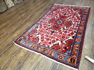 3' 2' X 5' 1" Handmade Floral Wool Rug Red Beige /Ivory