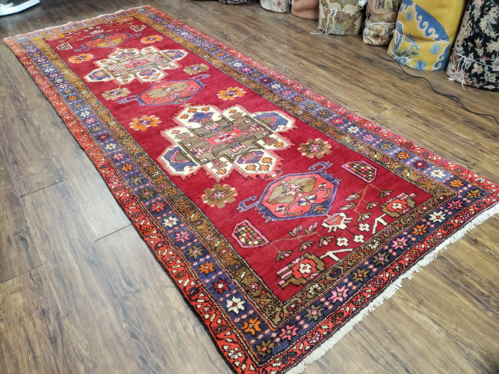 Antique Persian Karajeh Runner Rug 4.4 x 11 ft, Red Colorful Geometric Medallion Runner