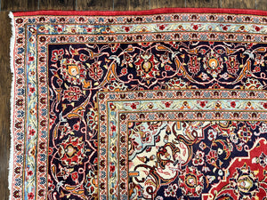 Persian Kashan Rug 10x13, Floral Medallion, Traditional Area Rug, Red Navy Blue Ivory, Handmade Semi Antique Vintage Wool Oriental Carpet 10 x 13