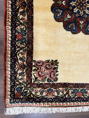 Persian Bidjar Rug 3x5, Open Field Medallion, Hand Knotted, Ivory/Cream Red Blue, Wool Oriental Bijar Carpet, 3 x 5 Vintage Area Rug, Floral Roses, Fine