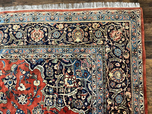 Red Persian Kashan Rug 10x14, Hand-Knotted Semi Antique Floral Medallion Handmade Wool Carpet, Red & Navy Blue