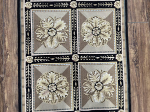 Needlepoint Runner Rug 3x8 Panel Design Rug, Flatweave Runner Rug, English Design, Floral, Short Runner Rug, Black and Beige Wool Hand-Woven