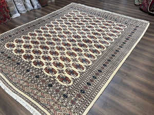 Pakistani Bokhara Rug 8x10, Wool Turkoman Carpet, Ivory/Cream