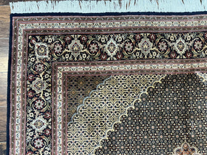 Persian Tabriz Rug 7x10, Very Fine 330 KPSI 50 Raj, Black and Beige, Handmade Wool Vintage Persian Carpet