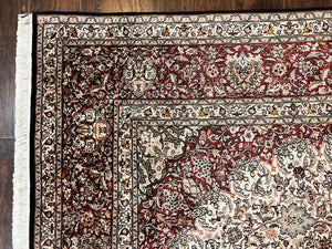 Silk Indian Kashmiri Rug 9 x 11 ft, Room Sized Silk Vintage Indo Persian Handmade Hand Knotted Fine Oriental Carpet, Ivory and Maroon
