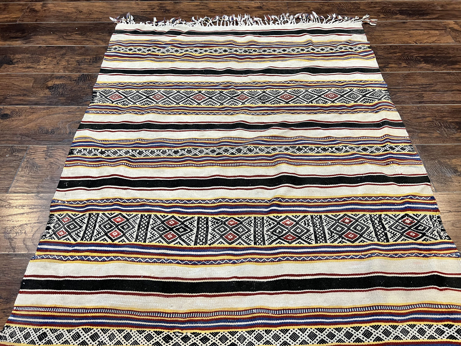 South American Kilim Rug 4x7 ft, Wool Handmade Vintage Carpet, Ivory Black Multicolor Stripes, Bohemian Blanket Rug, Flatweave Area Rug