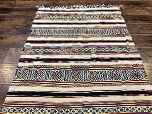 South American Kilim Rug 4x7 ft, Wool Handmade Vintage Carpet, Ivory Black Multicolor Stripes, Bohemian Blanket Rug, Flatweave Area Rug