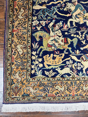 Persian Qum Hunting Design Rug 4x5, Wool Hand Knotted Vintage Oriental Carpet, Navy Blue & Mustard, Horsemen Animal Pictorials, Rare