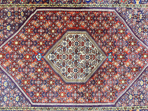 Persian Bidjar Rug 4x6, Handmade Oriental Carpet, Fine Weave, Herati Mahi Pattern, Vintage, Red, 300 KPSI