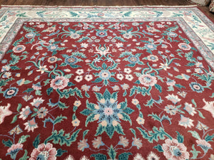 Indo Persian Rug 7.9 x 9.9 ft, Room Sized Indian Carpet, Wool Handmade Vintage Rug, Allover Floral Rug, Traditional Rug, Red Ivory Blue 8x10