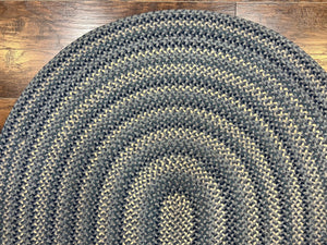 American Oval Braided Rug 5x8 Wool Handmade Vintage Carpet, Multicolor, Blues Gray Cream