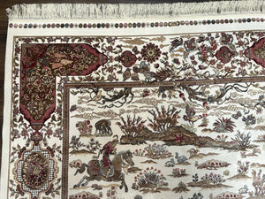 Turkish Silk Rug 5x8, Ivory, Hunting Design, Animal Pictorials, Bamboo Silk