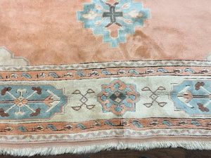 Turkish Oushak Rug 9x12, Wool Hand Knotted Vintage Carpet, Peach Cream Light Blue Room Sized Oriental Rug