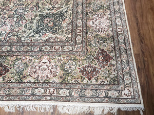 Vintage Indian Room Sized Silk Rug 8x10, Indo Kashmiri Carpet, Hand-Knotted Persian Oriental Carpet, Floral Medallion Allover Pattern, Ivory