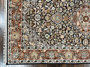 Silk Indian Kashmiri Rug 3x5, Indo Persian Silk on Silk Carpet, Very Fine 350 KPSI, Navy Blue, Handmade, Floral Medallion
