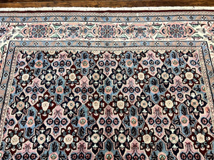 Indo Persian Rug 8x10, Repeated Allover Pattern, Navy Blue Ivory, Handmade Vintage Wool Carpet