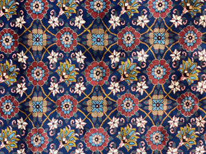 Persian Veramin Rug 7x11, Repeated Allover Pattern, Handmade Vintage Carpet, Navy Blue