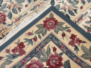 Chinese Wool Rug 8x11, Vintage 1960s Carpet, Cream and Teal, Floral Garden Panel, 8 x 11 ft Area Rug, Soft Handmade Room Sized 120 Line Rug