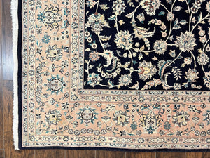 Pak Persian Rug 8x11, Fine Floral Allover Oriental Carpet 8 x 11 ft, Dark Blue and Pink, Room Sized Wool Vintage Rug, Hand Knotted Rug