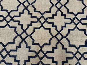 Indian Kilim Rug 8x10, Oat and Navy Blue, Dhurrie Carpet, Handmade, Wool