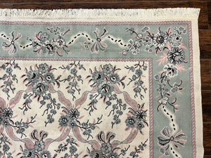 Belgium Power Loomed Rug 8x11, Ivory and Green, Wool Carpet, Floral