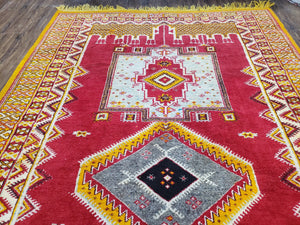 Vintage Moroccan Rug 6x10, Red and Yellow Moroccan Carpet, Handmade Bohemian Tribal Area Rug, Hand-Knotted 1970s Wool Rug, Medalions