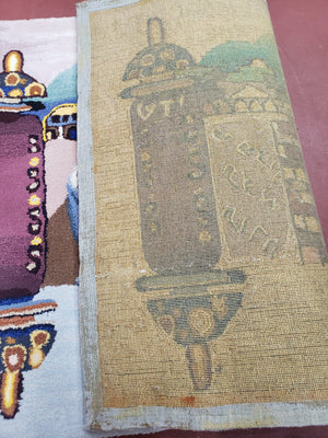 Vintage Judaica Pictorial Rug 3x5, Wool Hand-Tufted Israeli Signed Rug, Jerusalem Rug, Star of David Torah Scroll Verses, Chanuka Gift