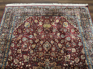Indian Kashmiri Silk Rug 6x9, Red and Navy Blue, Floral Medallion, Fine 275 KPSI