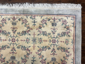 Sino Persian Rug 8x10, Floral, Oatmeal and Light Teal, Handmade Wool Vintage Carpet