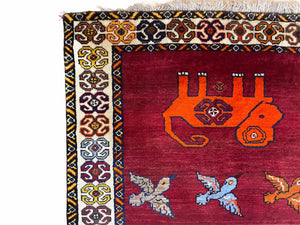 4 X 6 Handmade Zagros Wool Rug Horse Birds Ram Sheep Colorful New Vintage Rug