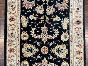 Sino Persian Short Runner Rug 2.7 x 6, Wool and Silk Highlights Black and Beige Handmade Vintage Floral Allover Oriental Carpet, Hallway Rug