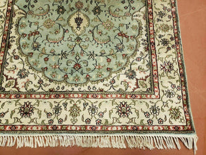 Silk Turkish Kayseri Rug 3x5, Light Mint Green and Ivory, Vintage Fine Silk Hand Knotted Oriental Carpet 3 x 5 ft, Floral Medallion, Nice