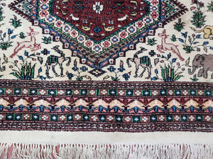 Vintage Indo Persian Area Rug 4.7 x 7.6, Wool Hand-Knotted Ivory Carpet, Animal Pictorials, Elephants Horses Lions, Indian Carpet, Unique