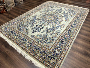 Light Green and Blue Persian Kashan Rug 7x10, Authentic Persian Carpet, Handmade, Wool