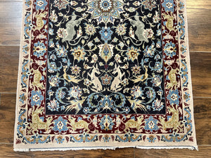 Wonderful Persian Isfahan Rug 2.4 x 4, Animal Pictorials Deer, Floral, Handmade Vintage Navy Blue Small Persian Carpet, Very Fine 430 KPSI Kork Wool